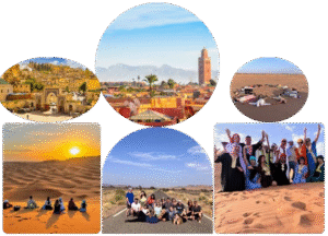 Photo collage of Morocco desert tours, cities, and group travelers