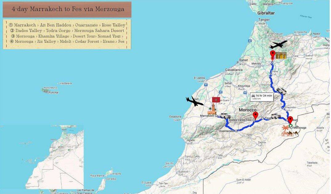 4-Day Morocco Desert Tour Map – Marrakech to Fes via Merzouga