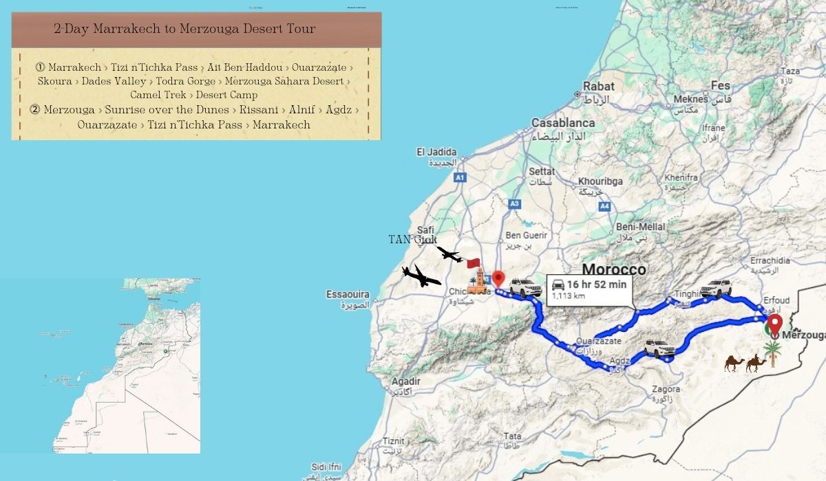2-Day Marrakech to Merzouga route map
