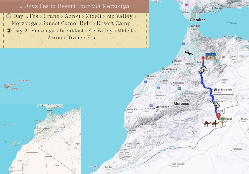 2 days Fes to Merzouga desert tour map
