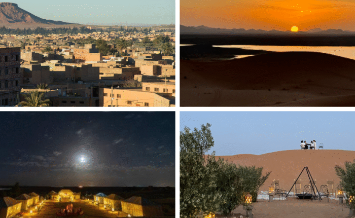 Merzouga desert, golden dunes, Berber villages, and Atlas Mountains. Designed for use as a banner or visual header on the MorokoTour website, it reflects the natural beauty and cultural richness of southern Morocco. Ideal for attracting travelers interested in desert tours, camel treks, and authentic Sahara experiences.