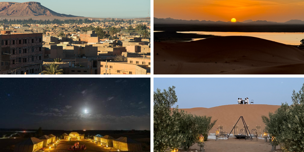 Merzouga desert, golden dunes, Berber villages, and Atlas Mountains. Designed for use as a banner or visual header on the MorokoTour website, it reflects the natural beauty and cultural richness of southern Morocco. Ideal for attracting travelers interested in desert tours, camel treks, and authentic Sahara experiences.