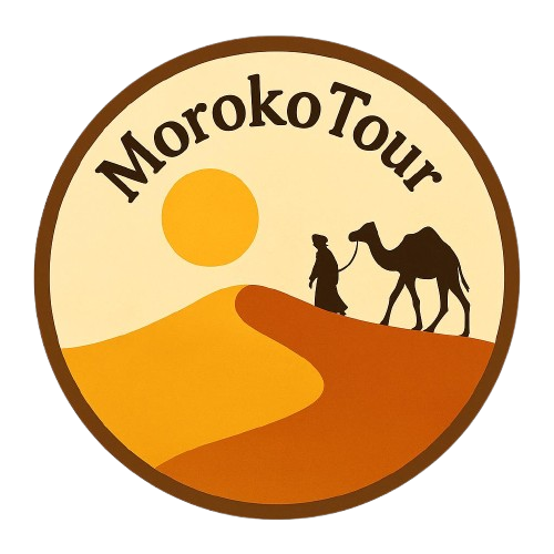 Moroko Tour logo with desert dunes, Berber man, and camel – Morocco travel agency