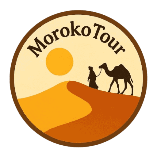 Moroko Tour logo with desert dunes, Berber man, and camel – Morocco travel agency