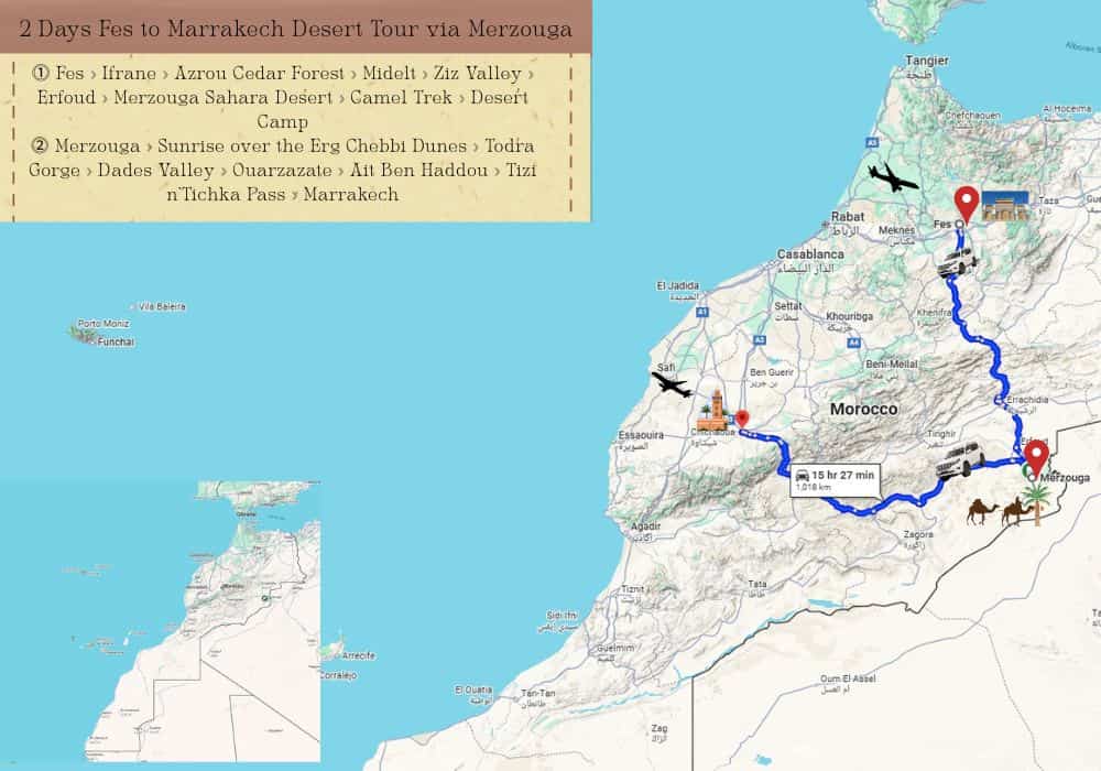 2 Days Fes to Marrakech Desert Tour via Merzouga camel trek Erg Chebbi Sahara camp